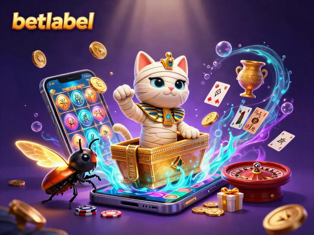 Betlabel casino illustration with an Egyptian mummy cat and golden scarab, showcasing excitement and gaming elements.