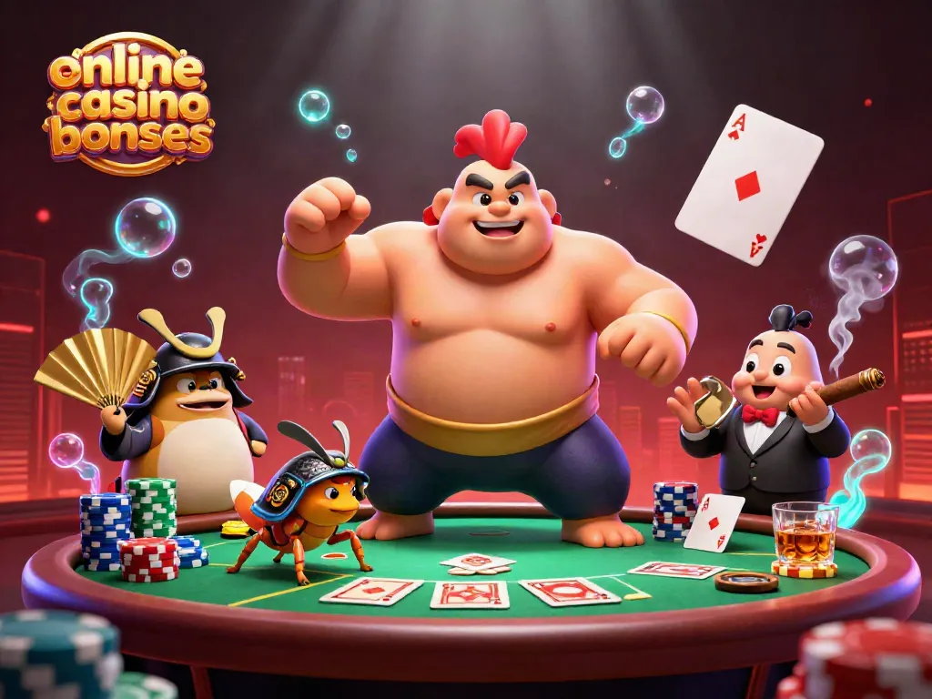 Uncover online casino bonuses with an exciting 3D illustration of a sumo wrestler rooster and friends at a poker table.