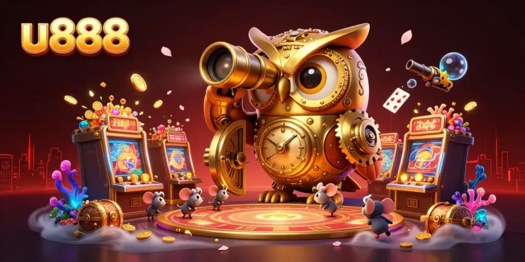 Engage with u888, a vibrant casino scene featuring a cartoon owl and dynamic game elements.