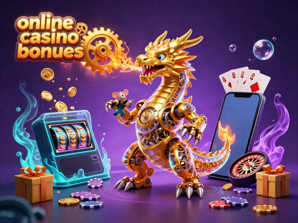 Experience the excitement of online casino bonuses with a golden dragon and vibrant game elements.