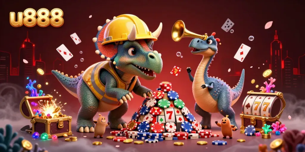 Engage with the exciting world of U888 as animated triceratops and friends celebrate a poker chip pyramid in a casino atmosphere.