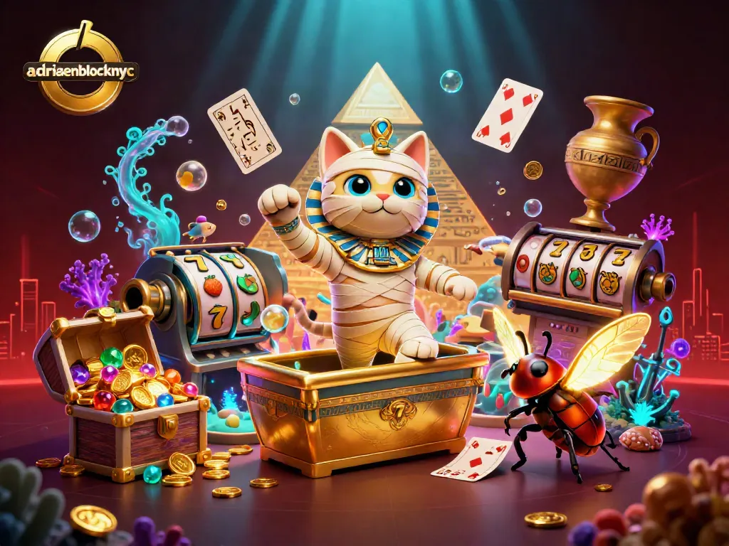 Experience the thrill of adriaenblocknyc with a vibrant scene showcasing a mummy cat in a dynamic casino setting.