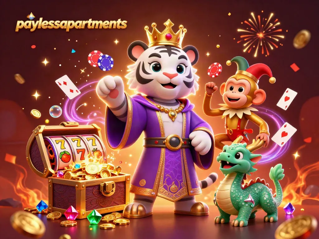 Experience the excitement of paylessapartments with a vibrant casino-themed 3D illustration featuring playful characters.