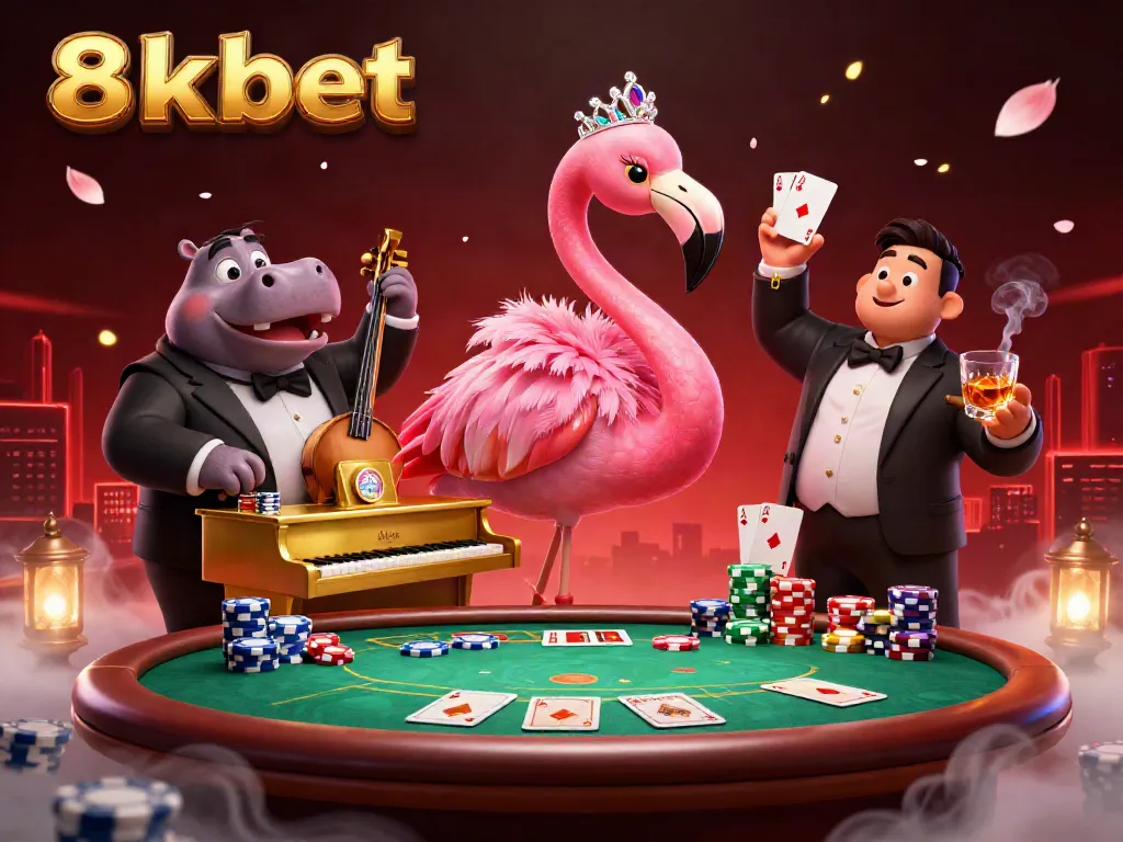 Engage with 8xbet's lively casino scene featuring a flamingo singer and hippo bassist amidst gaming elements.