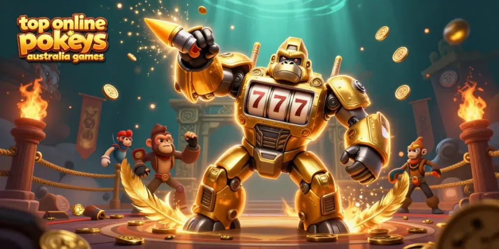 Engage with the lively action of top online pokies Australia games illustrated by a golden gorilla mech and monkey pilot.