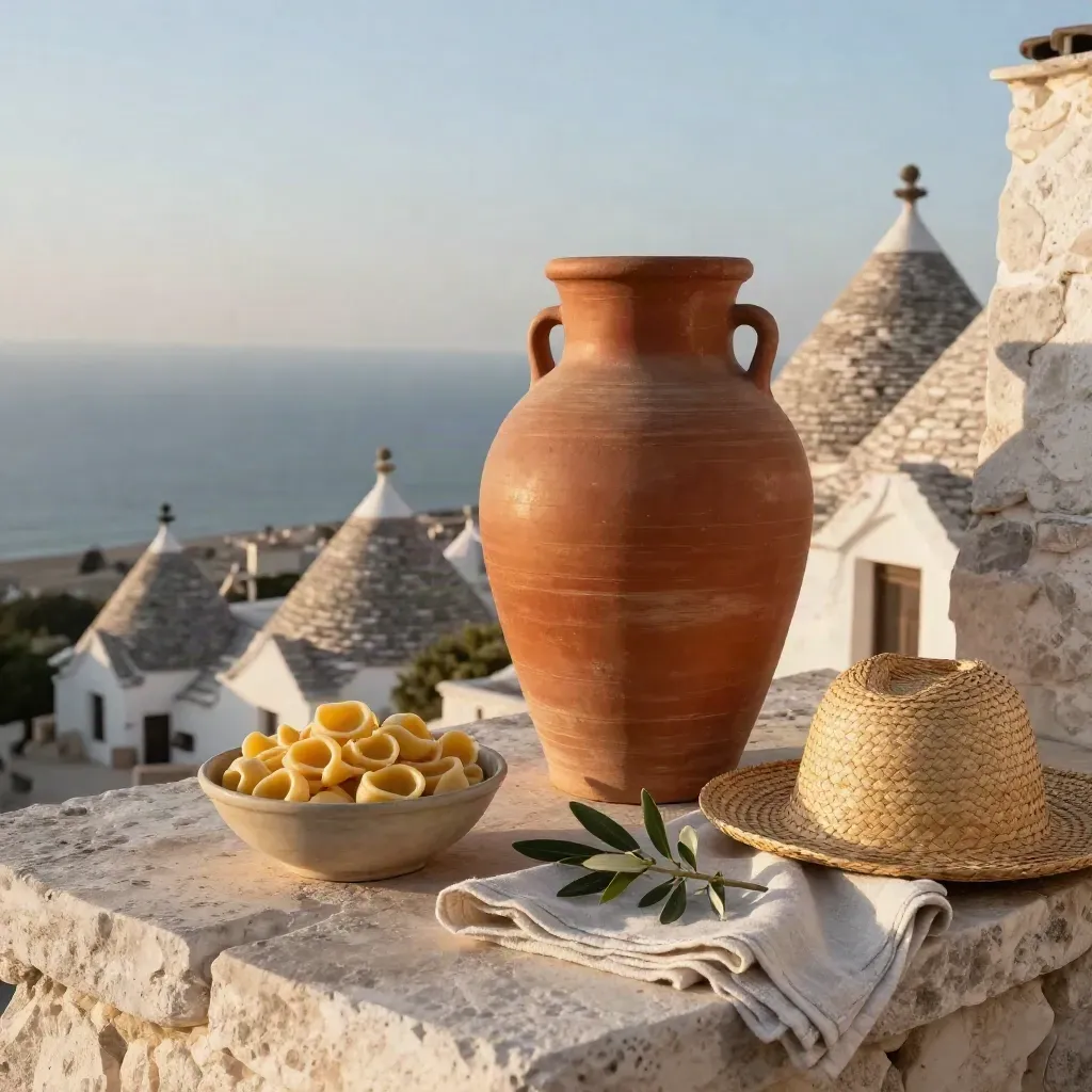 Vaso in terracotta, orecchiette e trulli bianchi sulla costa pugliese all’alba.