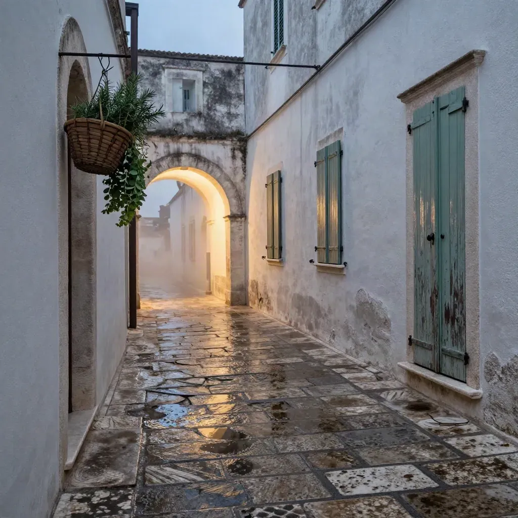 Calle in pietra di Cisternino dopo la pioggia, con imposte chiuse e un cestino di erbe appeso.