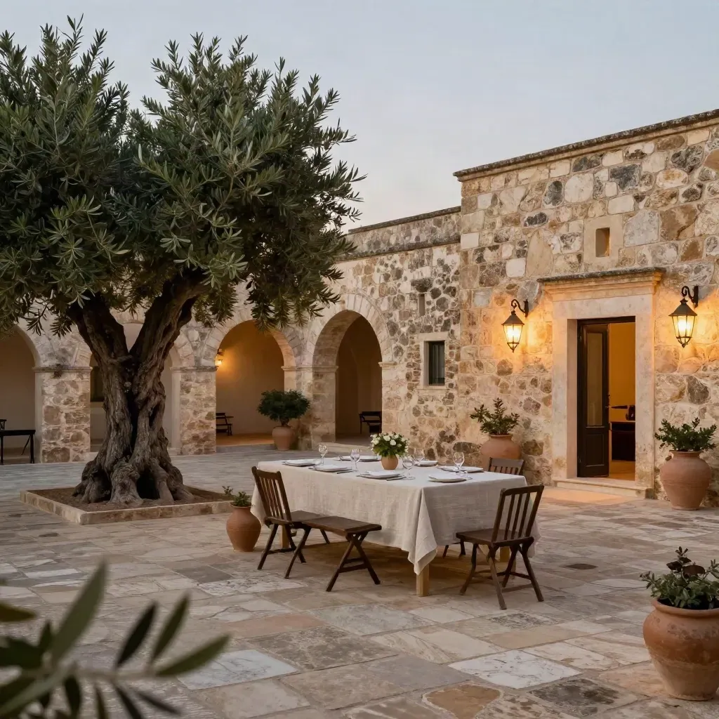Cortile di masseria al tramonto con ulivi, tavola in lino e lanterne accese.