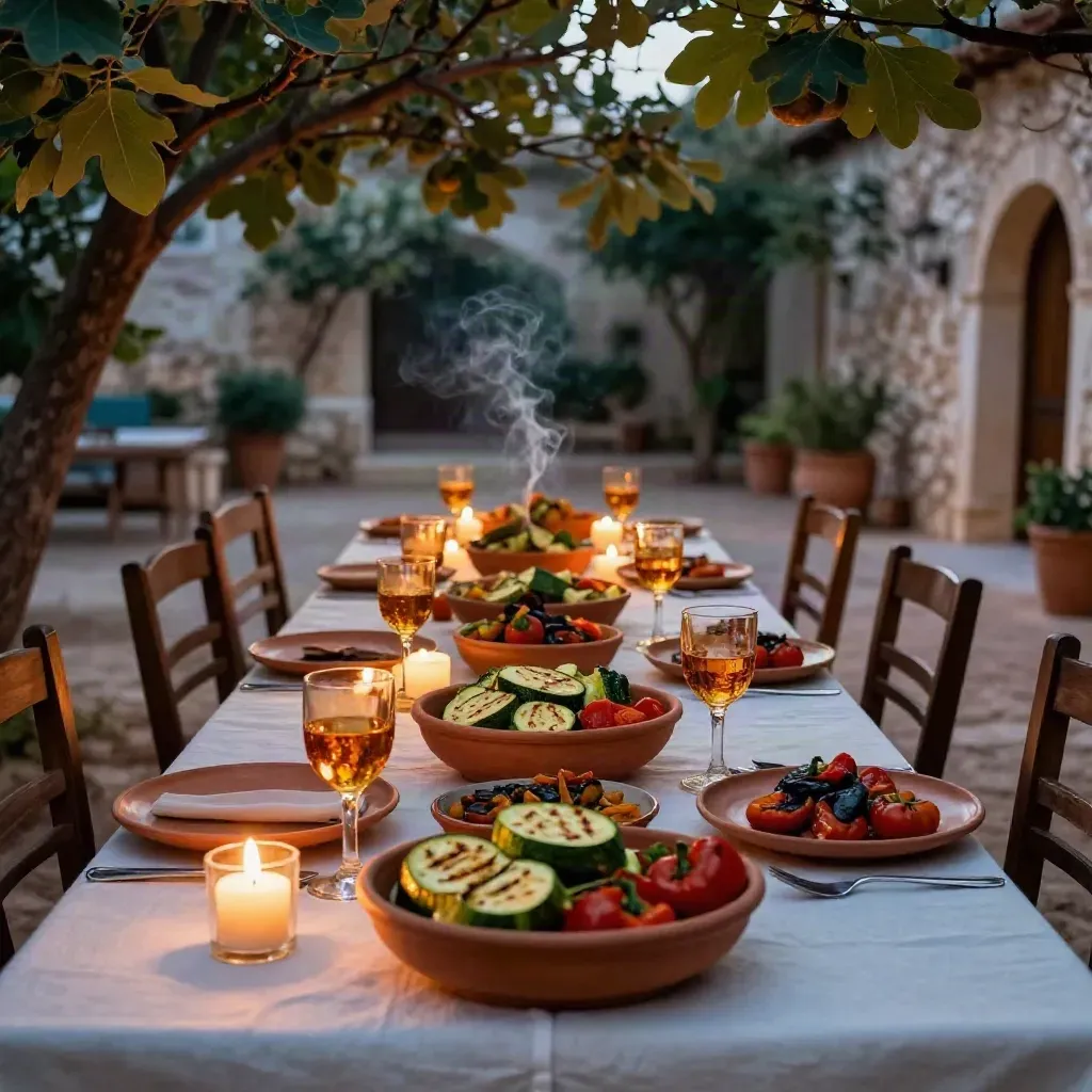 Tavola di masseria in Puglia al crepuscolo, candele accese tra fichi, ceramiche e verdure grigliate.
