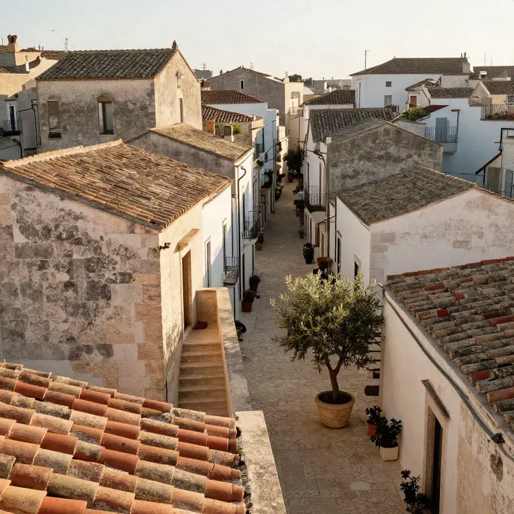 Veduta rialzata sui tetti bianchi di Locorotondo e una piccola piazza assolata, con ulivo e tegole.