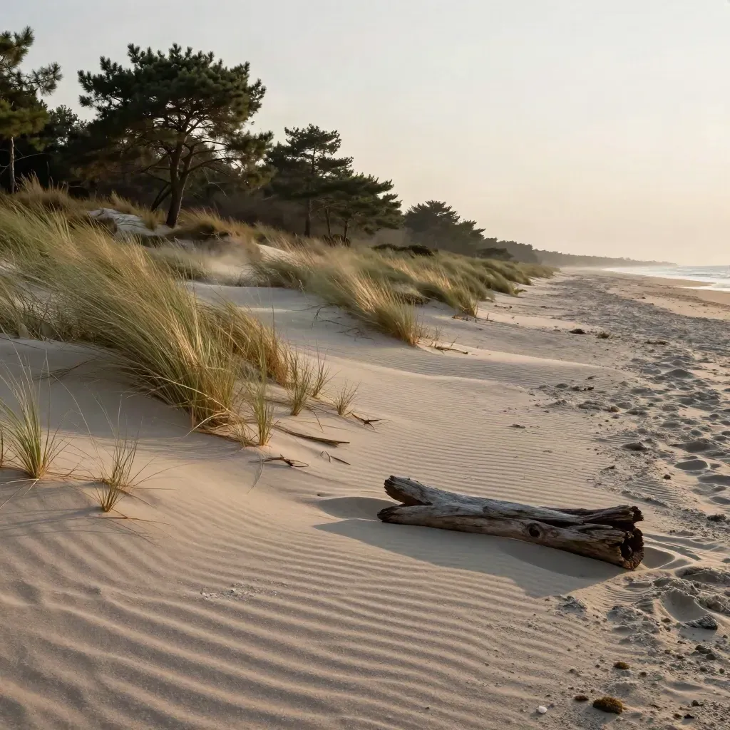 Spiaggia del Gargano al tramonto con dune, pini marittimi e sabbia mossa dal vento.