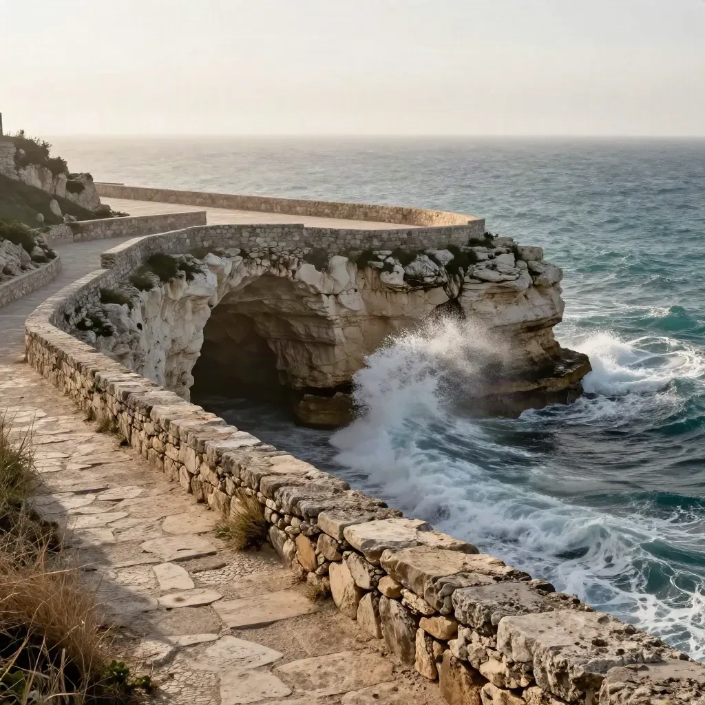 Scogliera di Polignano a Mare, terrazza in pietra e onda che entra nella grotta, vista dall’alto
