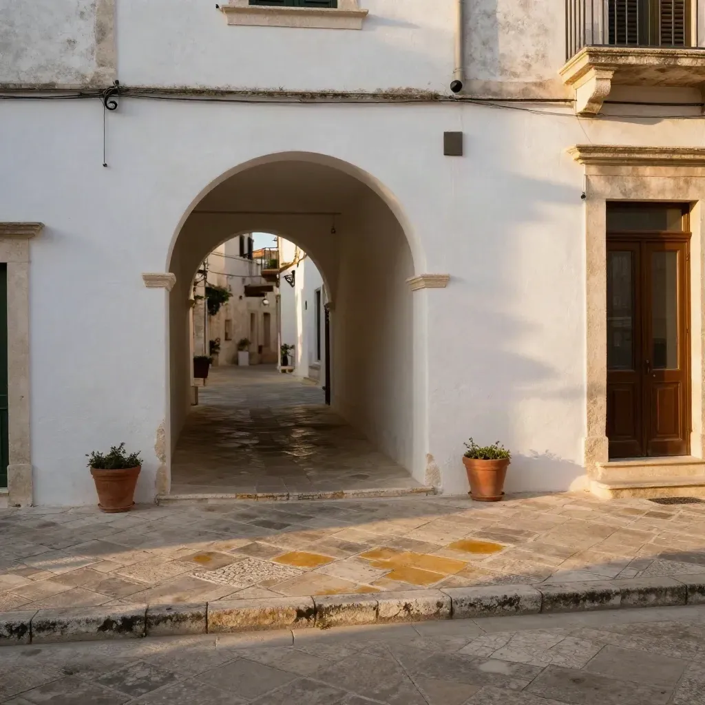 Piazzetta in pietra chiara con arco, facciate bianche e luce calda del pomeriggio.