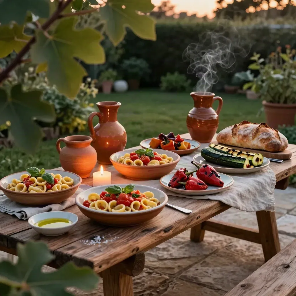 Tavola di masseria con piatti locali, brocche in terracotta e candele accese tra rami di fico.