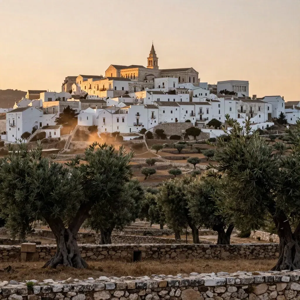 Ostuni bianca al tramonto sopra terrazze di ulivi, vista bassa e cinematografica.