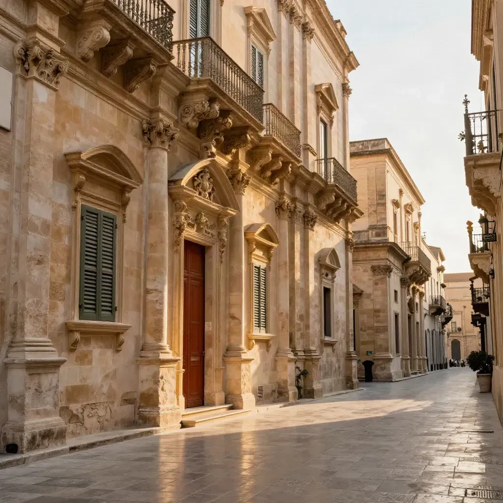 Strada barocca di Lecce in controluce, pietra chiara e pavé lucido, vista dal basso