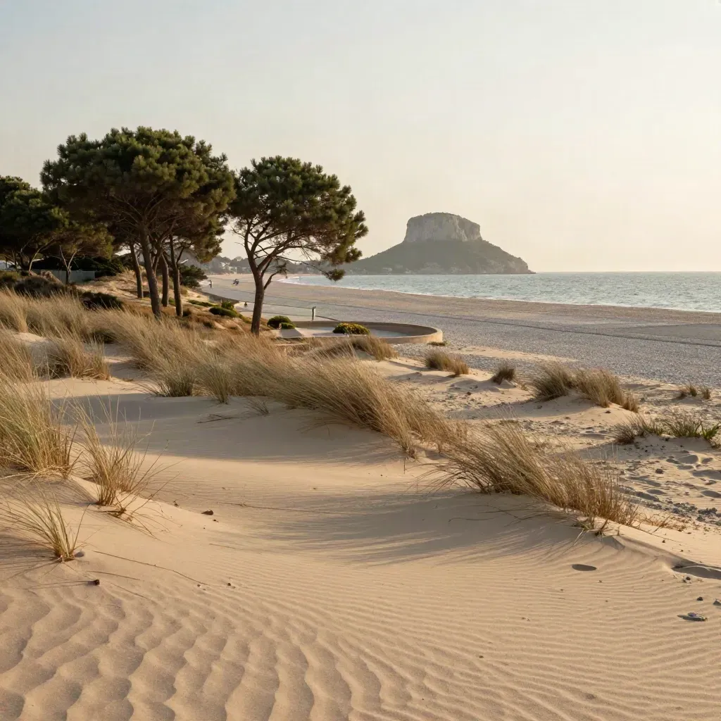 Spiaggia del Gargano con pini, dune mosse dal vento e promontorio calcareo lontano.