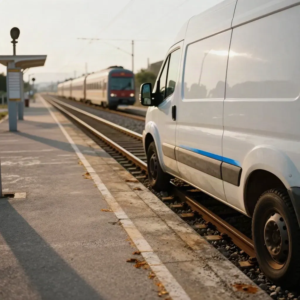 Navetta bianca in stazione rurale pugliese, binari e treno sfocato al tramonto.