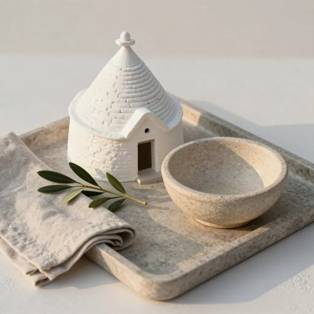 Mini trullo bianco, ramo d’ulivo, tovagliolo di lino e ciotola su vassoio in pietra.