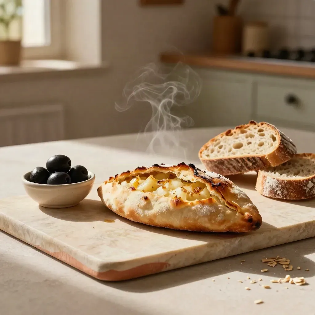 Panzerotto aperto, olive e pane rustico su piatto di ceramica con vapore caldo.