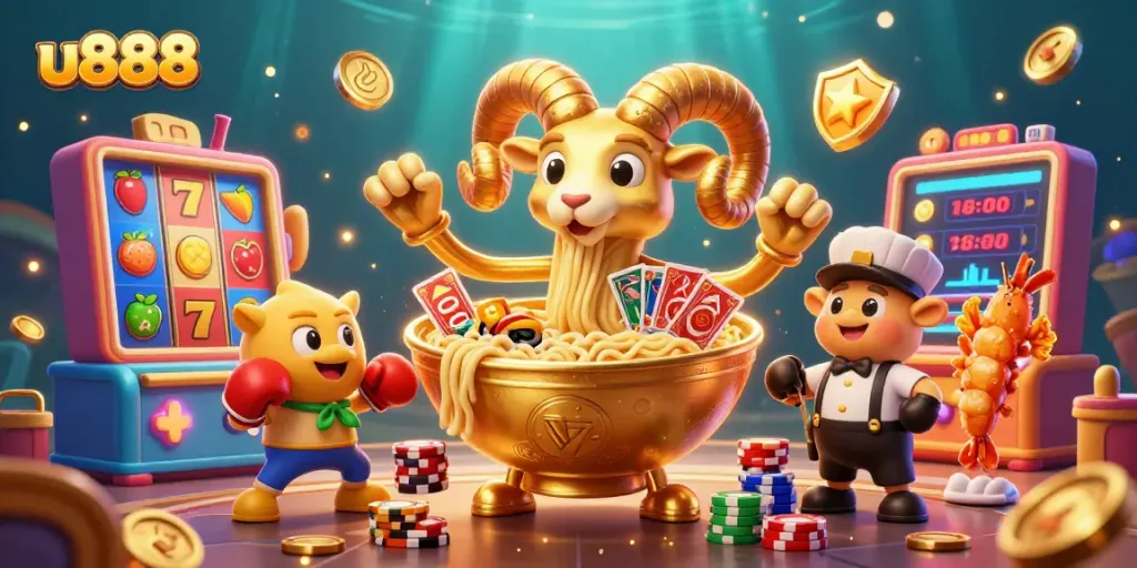 Engage with the thrilling world of u888 through this lively 3D casino illustration featuring playful characters and dynamic slot reels.