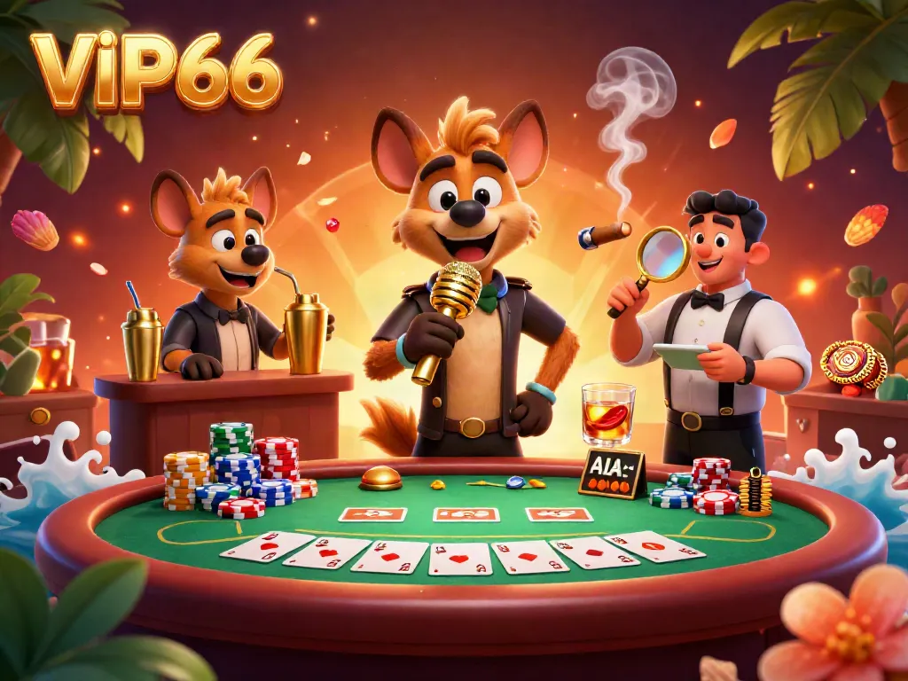 Experience VIP66's thrilling casino entertainment with hyenas in comedy and cocktails in an action-packed scene.