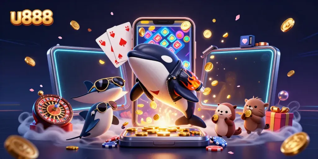 u888 captures an orca in a leather jacket and sea otters with coins amidst intense casino gameplay elements.