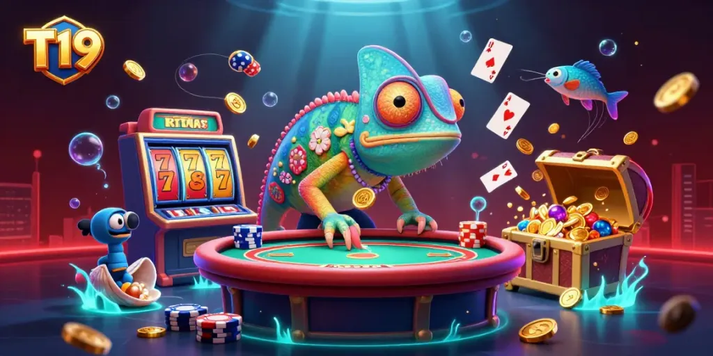 Experience the thrill of T19 with a vibrant casino scene featuring a colorful chameleon owner and dynamic gaming elements.
