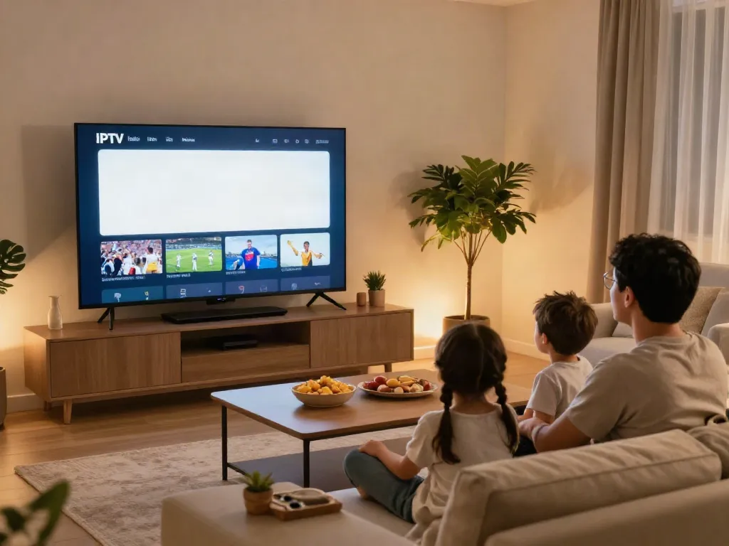 Family enjoying IPTV Italia in a cozy living room setup with snacks.