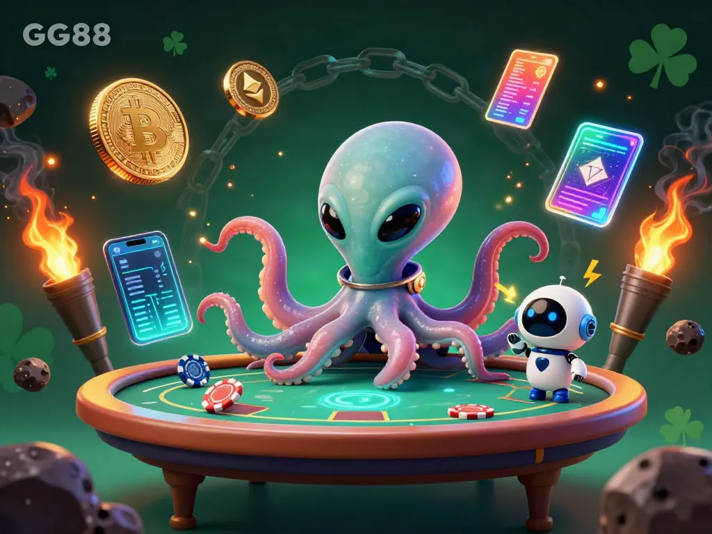 Experience vibrant gameplay at GG88 with a 3D alien octopus playing poker in a dynamic cosmic scene.