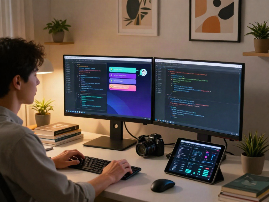 AI NSFW chat development scene with dual monitors and creative tech setup.