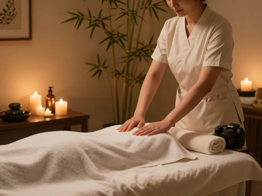 Tranquil spa setting prepared for 안산출장마사지, featuring a massage table, calming oils, and ambient lighting.
